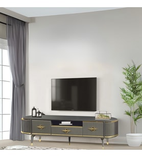 Duru Tv Sehpası Antrasit Gold 2 Kapaklı 1 Çekmeceli Oval Formlu Sehpa 180x40x53 Cm