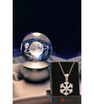 Satürn Temalı Işıklı 3D Led Işıklı Cam Küre ve Kar Tanesi Kolye