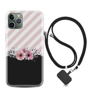 Apple iPhone 11 12 13 14 Pro Max Kılıf Boyun Askılı Silikon Strip Pink Flowers 1396