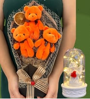 Büyük Boy 3'lü Tasarım Peluş Ayıcık Buketi ve Led Işıklı Beyaz Melekli Fanus (Model 4)