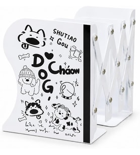 Karikatür Baskılı Teleskopik Metal Kitap Tutucu, Masaüstü Kitap Desteği ve Raf Düzenleyici Stand, 10-50 cm Genişleyebilir, Mıknatıslı Kalemlik Hediyeli, Dog-1