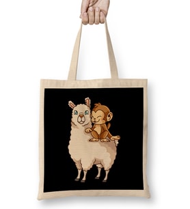 Funny Monkey Riding on Llama Cute Monkeying Around Bez Çanta Uzun Saplı