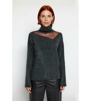 Kadın Basic Siluet Triko Kazak Düşük Kol Choker Yaka Tül Detaylı Kış Stiline Modern Dokunuş