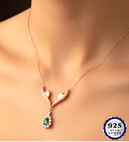Premium Tasarım Yeşil Safir Taşlı Damla Gümüş Kolye 925 Ayar