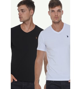 Dewberry Erkek Pamuklu V Yaka Tişört 2'li Set Beyaz-Siyah T8568 Günlük Giyim, Casual Stil, Seyahat Gardırobu