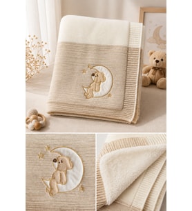 Yumuşacık Ayıcık Nakışlı 90x90 Welsoftlu Triko Bebek Battaniyesi