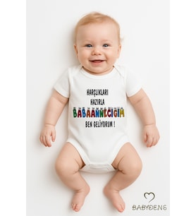 Harçlıkları Hazırla Babaanneciğim Yazılı Çıtçıtlı Bebek Body Tulum  %100 Pamuk Kısa Kollu Zıbın (Beyaz)