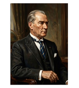 Takım Elbiseli Atatürk Siyah Beyaz Oturan Dekoratif Kanvas - Mdf Ahşap Tablo
