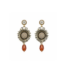 Kadın Gold Taşlı Çiçek Küpe – Vintage Stil Damla Detaylı Büyük Küpe