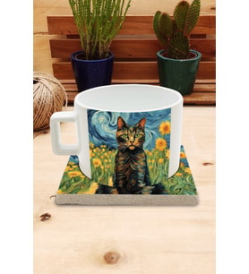 Kediler ve Sanat/Van Gogh Set 4 - Çay/Kahve Fincanı Kupa-Taş Bardak Altlığı 3