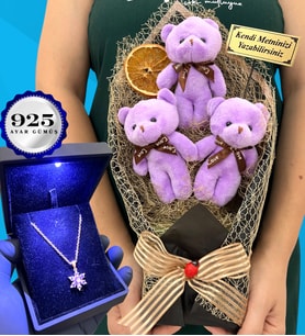 Kişiye Özel Büyük Boy Peluş Ayıcık Buketi ve Işıklı Kutusunda 925 Ayar Gümüş Lotus Kolye (Model 2)