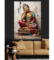 Meditasyon Yapan Renkli Buddha Heykeli Dekoratif Kanvas - Mdf Ahşap Tablo