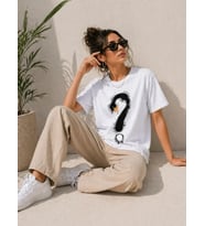 Kuğu Figürlü Soru İşareti Baskılı Tişört Kısa Kol T-Shirt - Beyaz