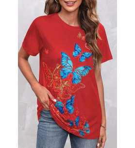 Kadın Kısa Kollu Mavi Sarı Kelebek Baskı Süprem T-shirt