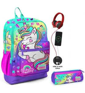Coral High Su Yeşili Lavanta Unicorn USB Soketli Okul Çantası ve Kalemlik Seti - Kız Çocuk