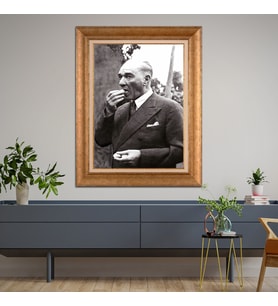 Altın Varaklı Çerçeveli Paspartulu Atatürk Tablo z4563 (Gold)