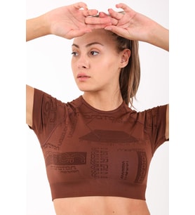 Maraton SlimFit Kadın Bisiklet Yaka  Sepya Crop Top