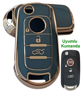 Fiat Egea Uyumlu Kumanda Anahar Kılıfı Oto Anahtarlık 3 Tuşlu Turkuaz Gold (Turkuaz-Altın)