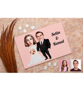 Karikatürlü Damat ve Gelin Özel Kişiye Özel Puzzle