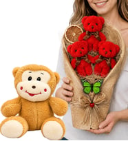 Sevimli Peluş Maymunlu ve Büyük Boy Peluş Ayıcık Buketli Muhteşem Hediye Seti