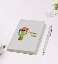BK Gift Kişiye Özel İsimli Kaktüs Tasarımlı 9x14cm Beyaz Defter ve Kalem Hediye Seti - Model 7