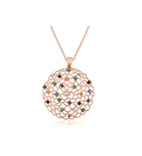 Gümüş Rose Geometrik Desenli Madalyon Kolye CSR2180656