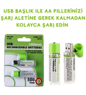 Usb Ile Şarj Olabilen 2 Li 1450 Mah Lityum Şarjlı Kalem Pil ( Lisinya )
