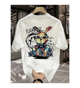 Baskılı Oversize Bisiklet Yaka T-shirt - Beyaz