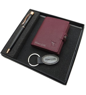 Signator D304 İsme Özel Set - Deri Kartlık + Anahtarlık  + Kalem Seti  İsme Özel Hediyelik Set (Karışık)