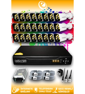 ELITCAM 24 Kameralı Kare 24 Dış Kamera Set HDD'siz Full HD Renkli Gece Görüşlü Güvenlik Kamerası Sistemi