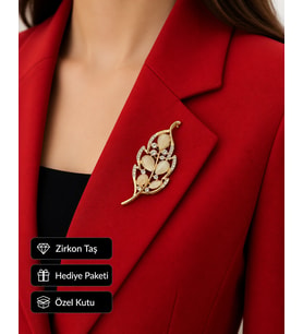Hediye Gold Yaprak Tasarımlı Taşlı Kadın Broş Rozet