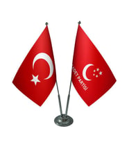 Masa Üstü Saadet Partisi Bayrağı Türk Bayrağı İkili Krom Direk Masa Bayrak Seti