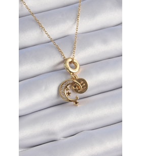 316L Çelik Gold Renk Zirkon Taşlı Ay Yıldız Model Charm Model Kadın Kolye 588 - EEEEEE4720-6