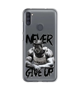 Samsung Galaxy M21 Uyumlu Arnold Fitness Never Give Up Desenli Şeffaf Telefon Kılıfı