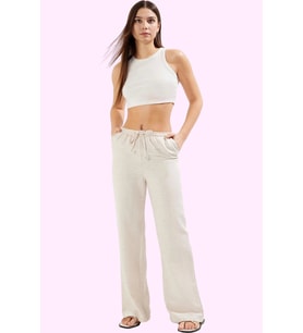 Kadın Regular Pantolon Geniş Paça Wide Leg Keten Görünümlü Dokuma Casual Dayanıklı Malzeme (Bej)
