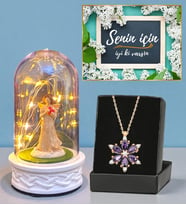 Led Işıklı Fanus ve Gerçek Ametist Taşlı Lotus Kolye Hediye Seti (Model 5)