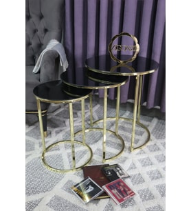 Gold Metal Siyah Camlı Üçlü Zigon Sehpa