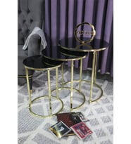 Gold Metal Siyah Camlı Üçlü Zigon Sehpa