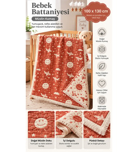%100 Pamuk Müslin 6 Katlı Bebek & Çocuk Battaniyesi, 100x130cm Desenli Müsl