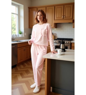 Kadın Pudra Kalp Desenli Pijama Takımı Fonksiyonel Dayanıklı Kaliteli Konforlu Estetik Şık