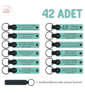 Öğrencilere Okul Hatırası 42'li Set, İsim Yazılabilir Deri Hediyelik Anahtarlık, Turkuaz & Lacivert