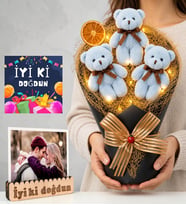 Doğum Günü Hediyesi Kişiye Özel Fotoğraflı LED Işıklı Peluş Ayıcık Buketi (Mavi)