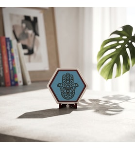 Minimalist Hamsa tasarımlı masaüstü aksesuarı, çalışma masalarınıza zarif bir dokunuş katan özgün bir parça 10x10 cm, Gök Mavi