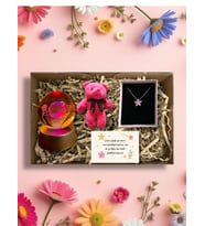 Pembe Lotus Kolye & Satürn Kızlı Cam Küre & Ayıcık Anahtarlık & Not Hediye Kutusu