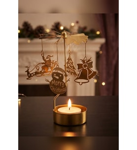 Dönen Mumluk Yılbaşı Figürlü Noel Baba Çan Kardan Adam Altın Metal Tealight Mum Tutucu 15 cm