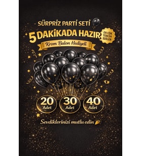 Siyah Pastel Balon Seti  Doğum Günü Sürpriz Parti Seti Krom Balon Hediyeli