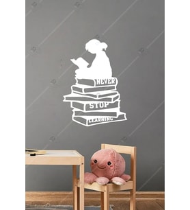 Kitap Okuyan Kız Temalı Ahşap Duvar Dekoru - 20x35 Cm - Çift Taraflı Bant Ile Kolay Montaj (Beyaz)