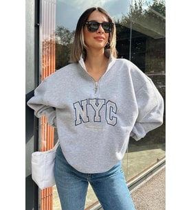 kadın gri içi polar nakışlı sweat NBG033