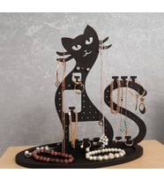 Ahşap Dekoratif Kedi Kolye Küpe Bileklik Takı Standı Organizer (Siyah)