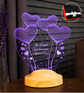 Öğretmene Özel 3D LED Lamba - Balon Kalpli Tasarımlı, Öğretmenler Günü ve Mezuniyet Hediyesi, İsimli Dekoratif Gece Lambası